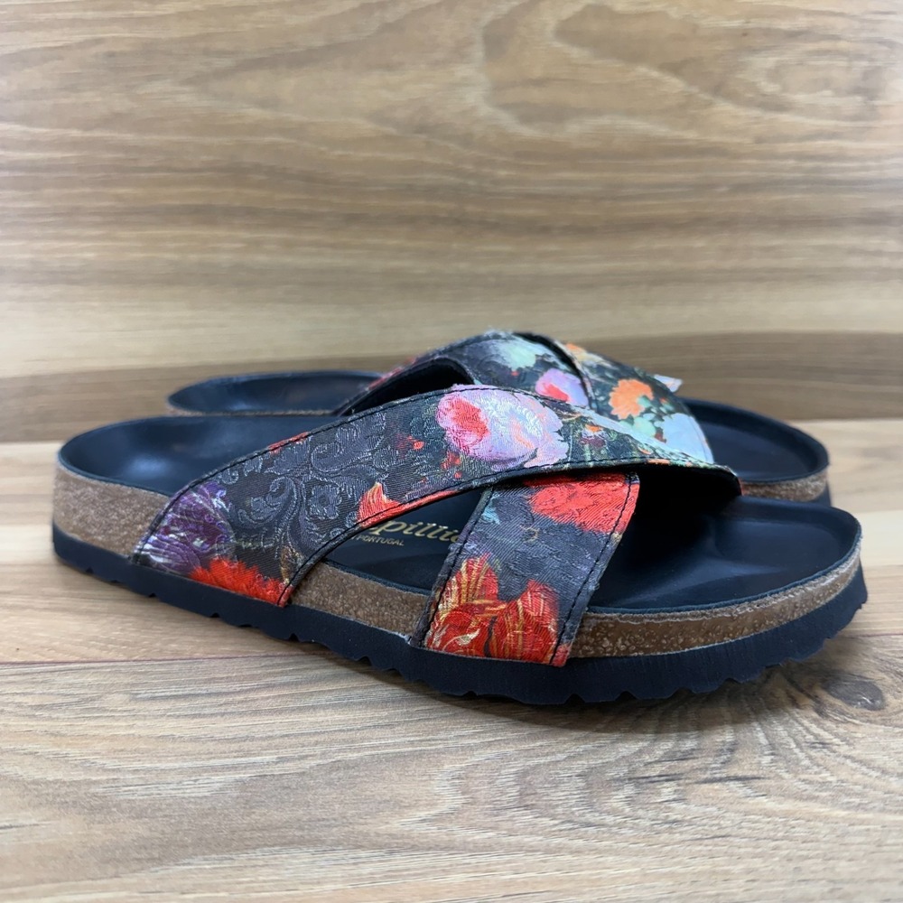 Birkenstock Papillio Daytona Floral Sandals 7 N EU 38 Black Cross Strap Slides - Picture 2 of 10